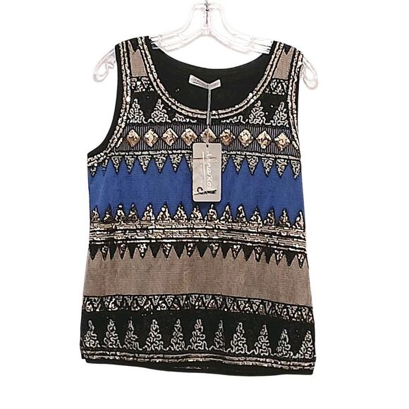 Anna Rossi Couture Sequins Top Sz M/L Sleveless Lined Silver Black Blue Luxury - Picture 1 of 14